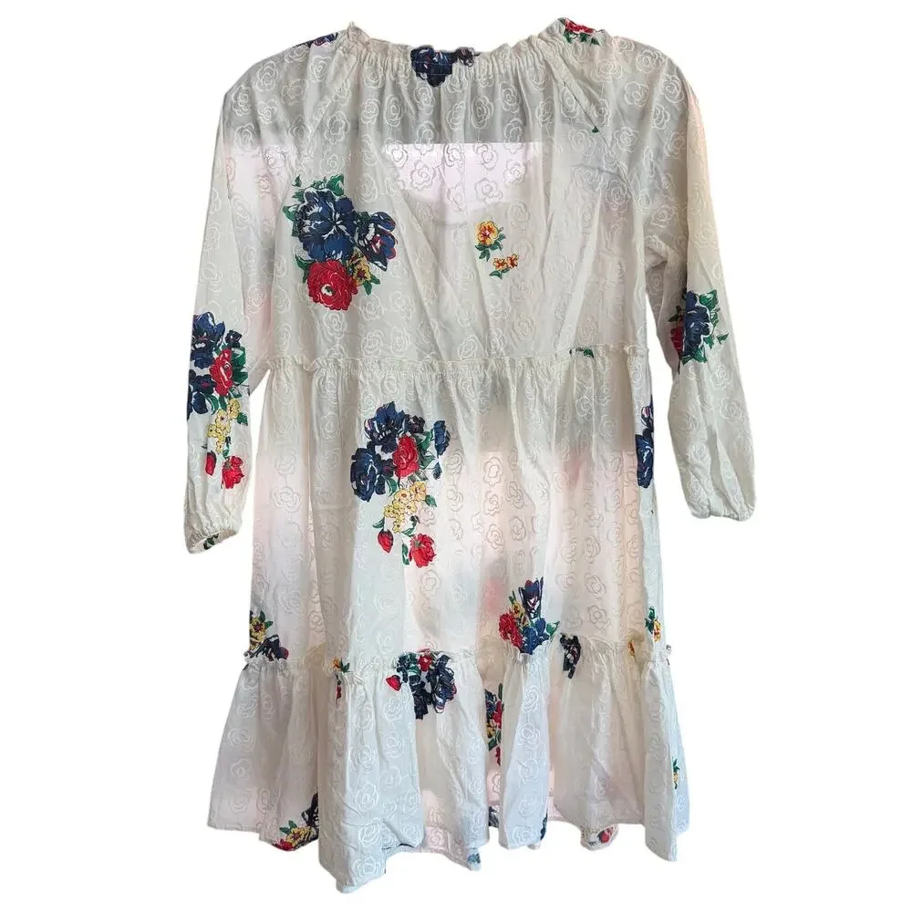 Tory Burch Ivory Floral Embroidered Peasant Tunic Dress Women's XS Long Sleeve